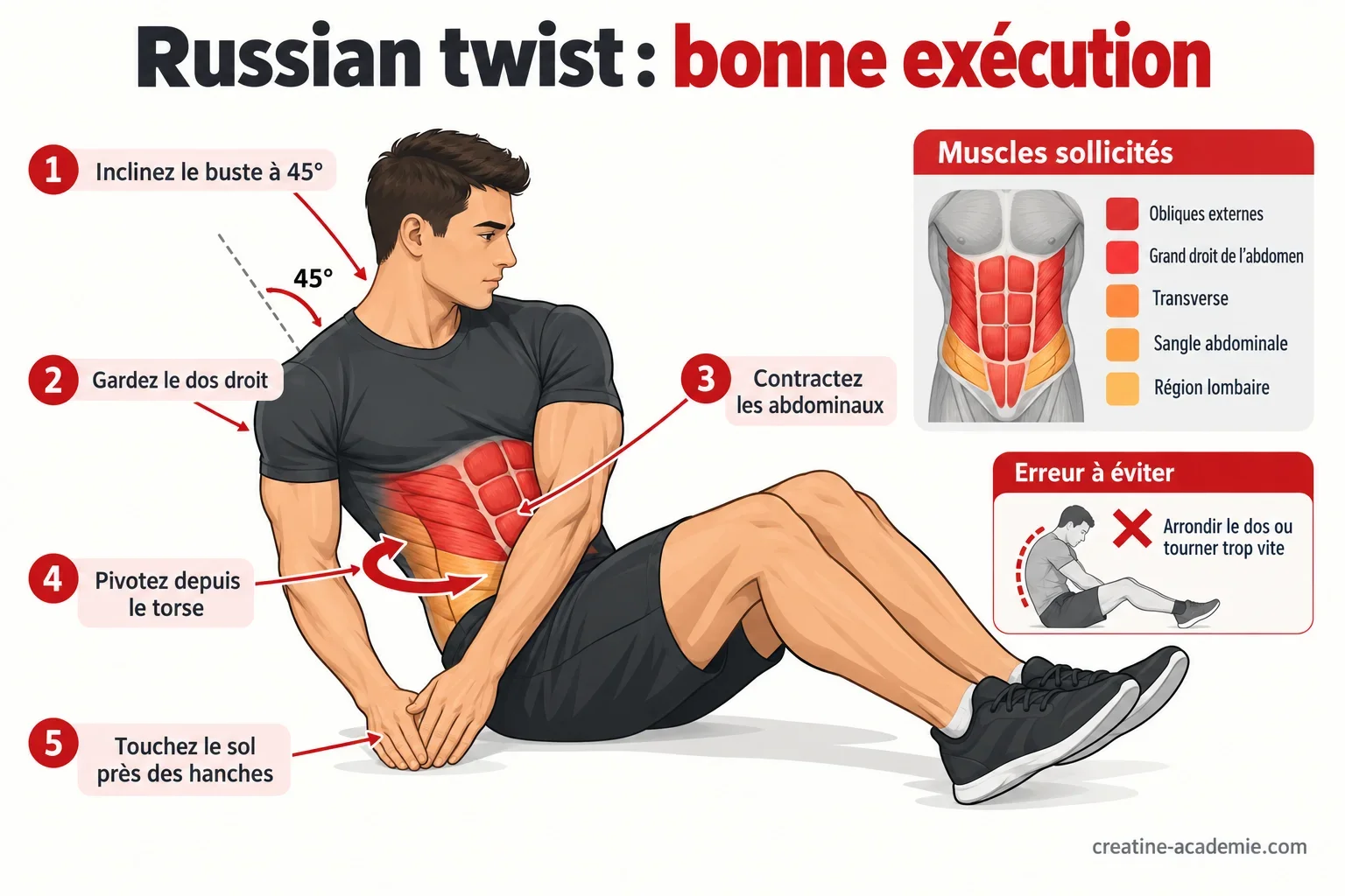 Schéma en profil d'un russian twist : buste incliné à 45°, pieds décollés, mains jointes, obliques et grand droit mis en évidence