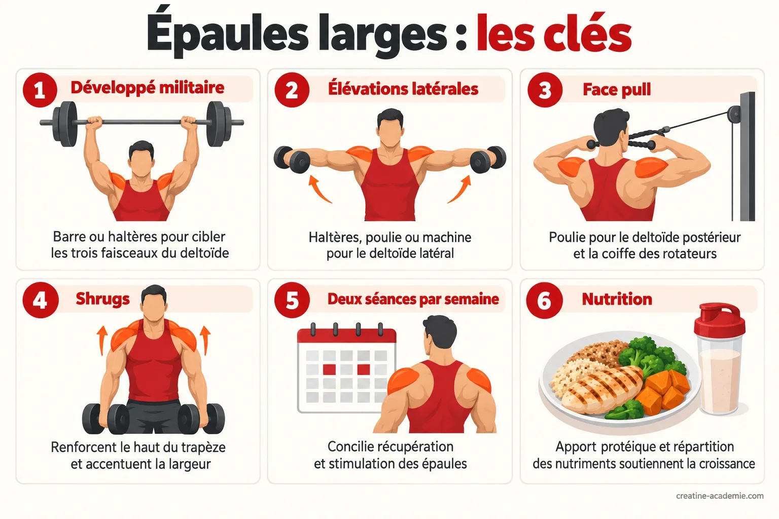 Schéma des exercices clés pour élargir les épaules : développé militaire, élévations latérales, face pull, shrugs et rythme d'entraînement