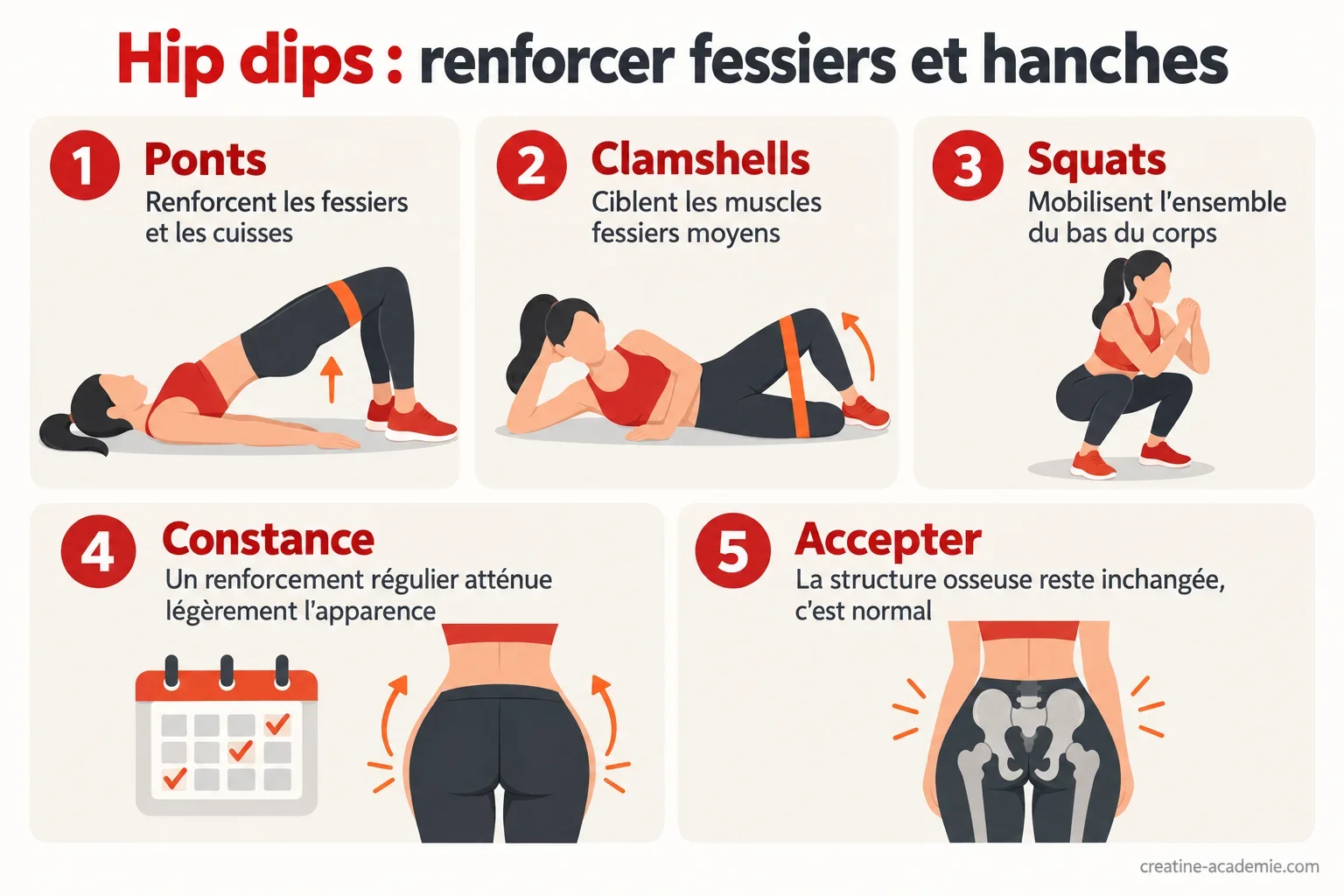 Schéma des exercices pour hip dips : ponts, clamshells et squats ciblant fessiers et hanches, avec muscles travaillés et conseils