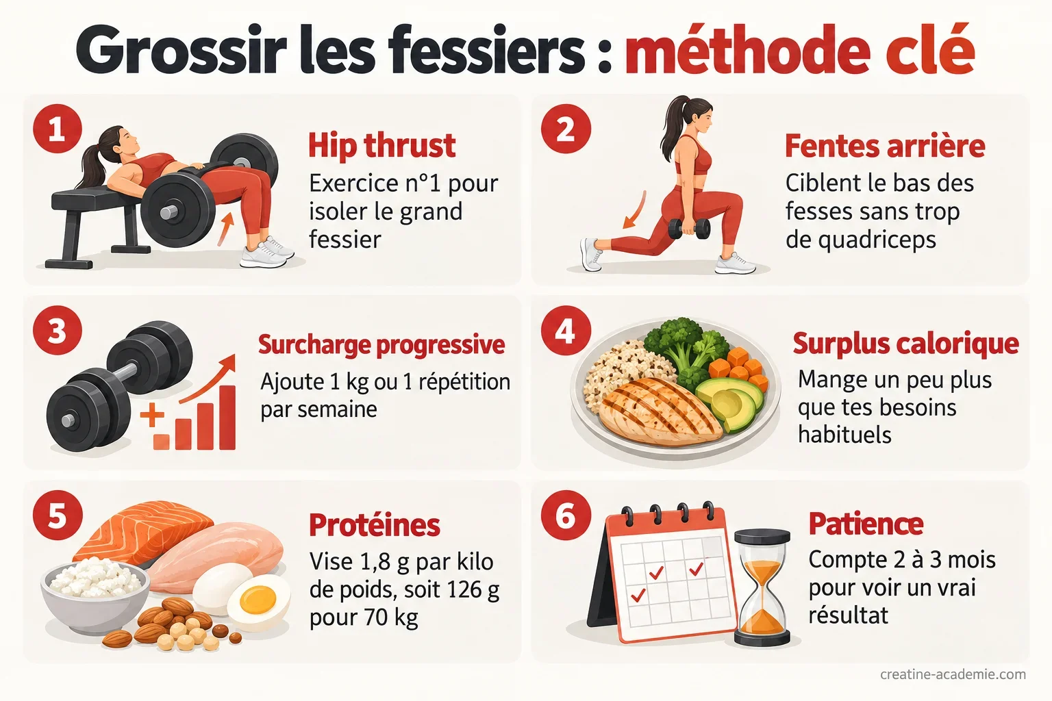 Schéma de la méthode pour grossir les fessiers : hip thrust, fentes arrière, surcharge progressive, surplus calorique et protéines