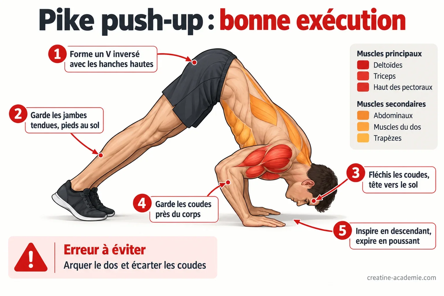 Schéma d'un pike push-up de profil : corps en V inversé, muscles ciblés (épaules, triceps, haut des pectoraux) et points de technique