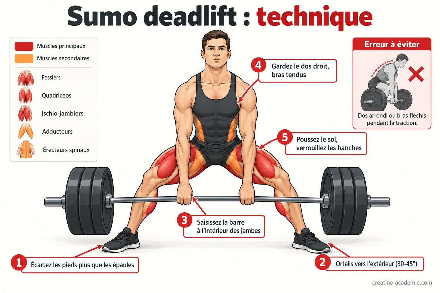 Schéma du sumo deadlift vu de face : pieds écartés, prise intérieure, dos droit, avec fessiers, quadriceps et ischio-jambiers surlignés