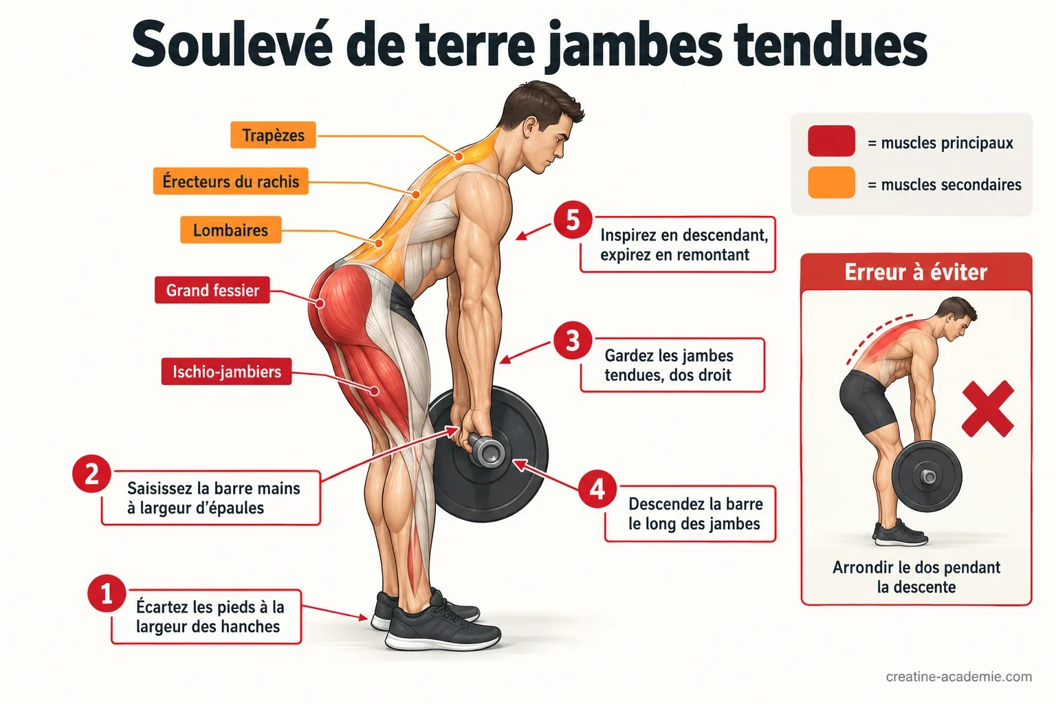 Schéma du soulevé de terre jambes tendues en profil : dos droit, barre près des jambes, ischio-jambiers et fessiers ciblés
