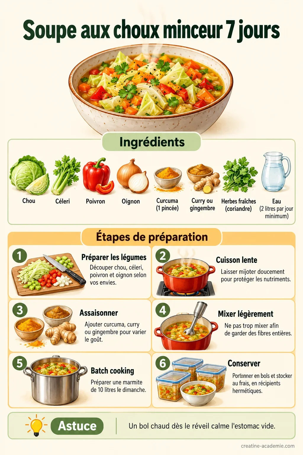 Fiche recette de soupe aux choux minceur pour le régime sur 7 jours, avec ingrédients et étapes de préparation.
