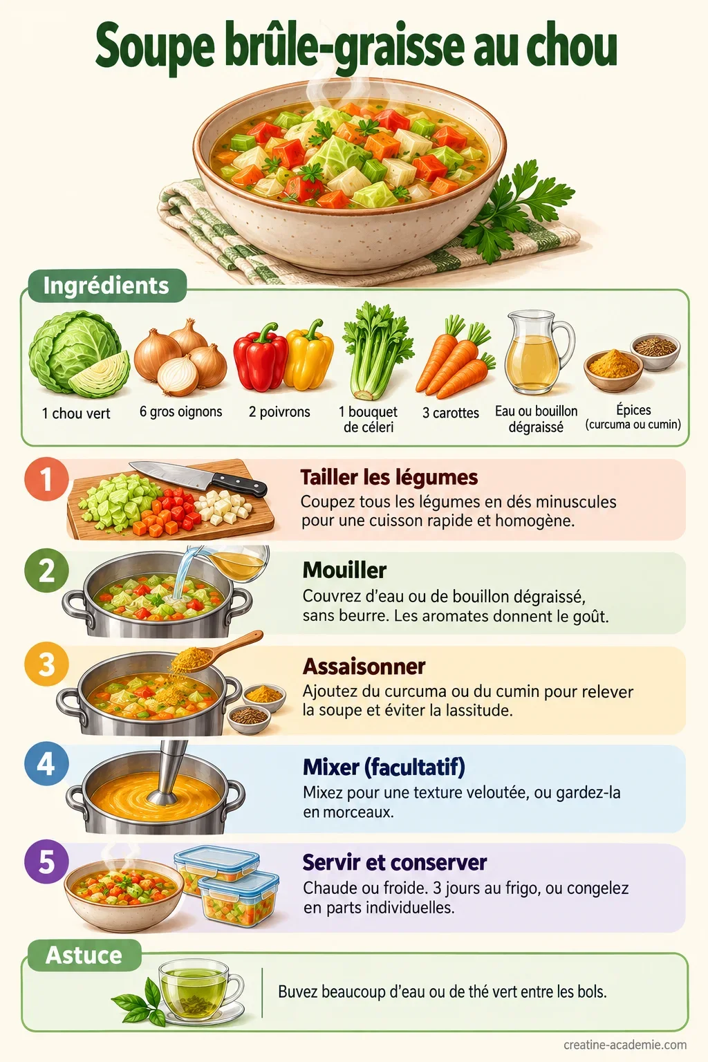 Fiche recette de la soupe brûle-graisse au chou avec ingrédients, étapes de préparation et conseil d'hydratation