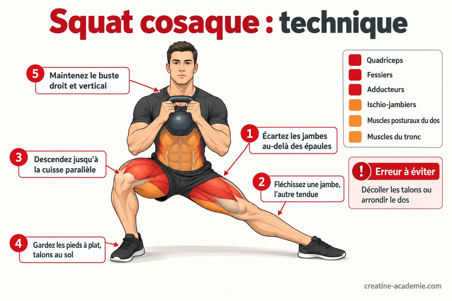 Schéma du squat cosaque de face : jambe fléchie, jambe tendue, buste droit, muscles des jambes et hanches mis en évidence