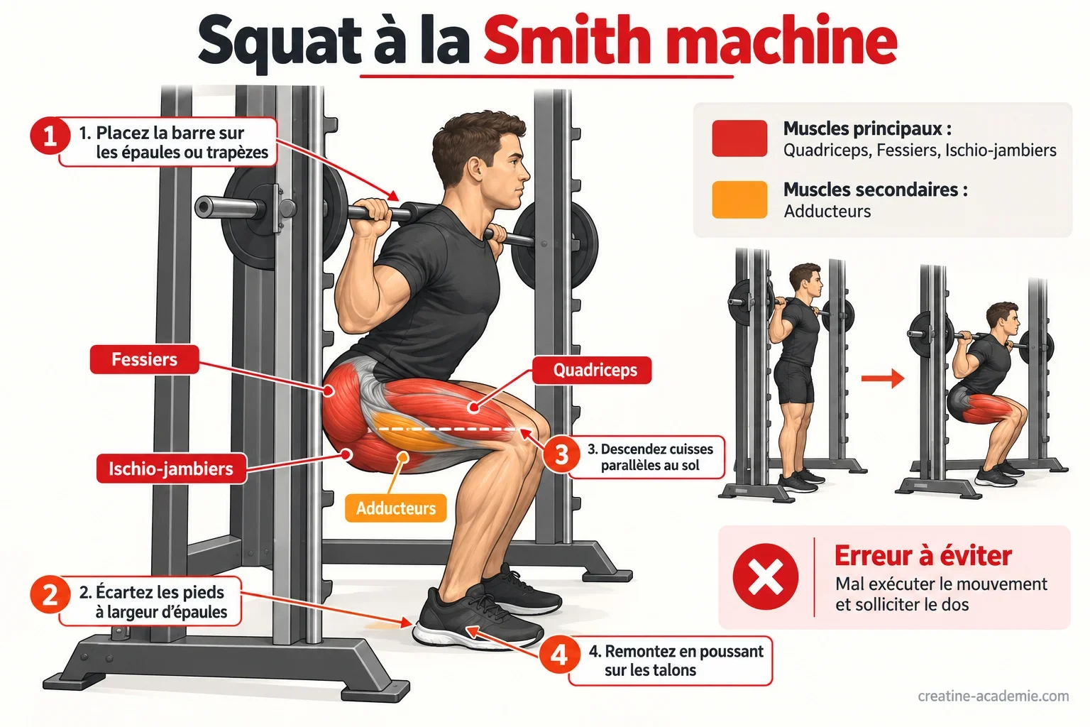 Schéma du squat à la Smith machine en profil : position des pieds, muscles travaillés (quadriceps, fessiers, ischio-jambiers) et points de technique