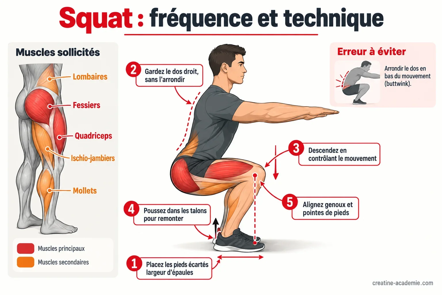 Schéma du squat vu de profil : dos droit, genoux alignés, quadriceps et fessiers sollicités, avec points de technique clés