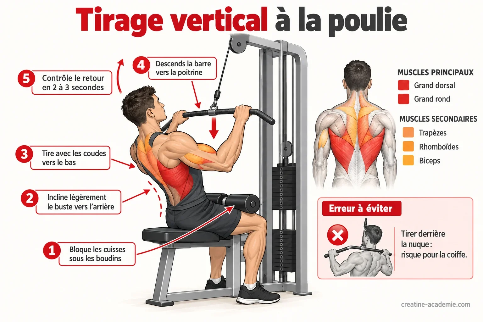 Schéma du tirage vertical à la poulie vu de profil : position assise, buste incliné, barre tirée vers la poitrine et muscles du dos ciblés
