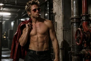 Silhouette athlétique style Tyler Durden avec veste rouge et lunettes de soleil dans un sous-sol sombre